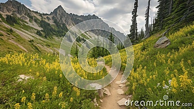 trail leading onto mountains with flowering meadows. Generative AI Stock Photo