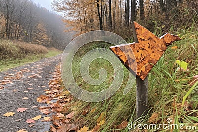 a trail marker in the shape of a duck with its beak pointing to the right Stock Photo