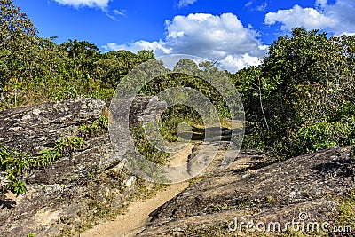 Trail through the rocks and vegetation used for expeditions in the hills Stock Photo