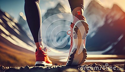 Trail runner feet, close up on sneaker shoes. Running, jogging in the mountains, nature. Stock Photo