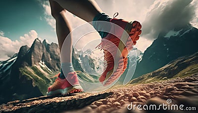 Trail runner feet, close up on sneaker shoes. Running, jogging in the mountains, nature. Stock Photo