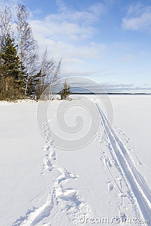 Trail in snow covered icecap in the lake Stock Photo