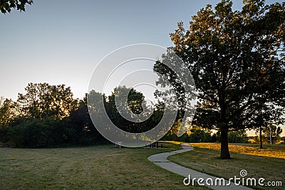 A trail and sunset in highway rest area in Minnesota Stock Photo