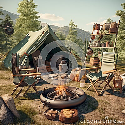 Trailblazer's Rest: A Well-Equipped Camping Setup for Outdoor Adventurers Stock Photo