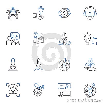 Trailblazing creation line icons collection. Innovate, Pier, Invent, Build, Imagine, Design, Revolutionize vector and Vector Illustration