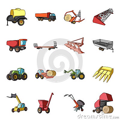 Trailer, dumper, tractor, loader and other equipment. Agricultural machinery set collection icons in cartoon style Vector Illustration