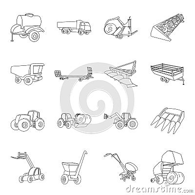 Trailer, dumper, tractor, loader and other equipment. Agricultural machinery set collection icons in line style vector Vector Illustration