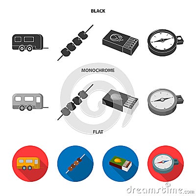 Trailer, shish kebab, matches, compass. Camping set collection icons in black, flat, monochrome style vector symbol Vector Illustration