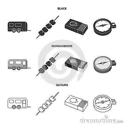 Trailer, shish kebab, matches, compass. Camping set collection icons in black,monochrome,outline style vector symbol Vector Illustration