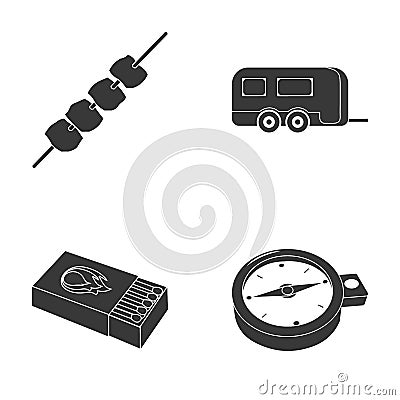 Trailer, shish kebab, matches, compass. Camping set collection icons in black style vector symbol stock illustration web Vector Illustration