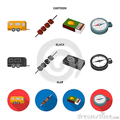 Trailer, shish kebab, matches, compass. Camping set collection icons in cartoon,black,flat style vector symbol stock Vector Illustration