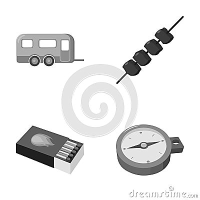 Trailer, shish kebab, matches, compass. Camping set collection icons in monochrome style vector symbol stock Vector Illustration