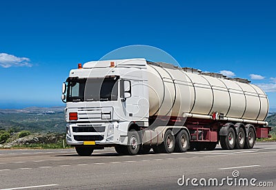 Trailer tanker truck on the highway Stock Photo
