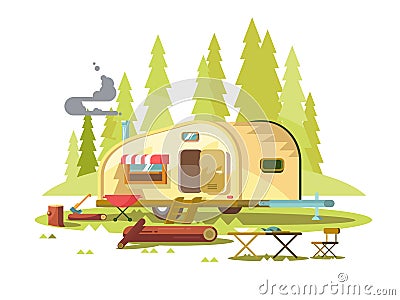 Trailer for travel in forest Vector Illustration