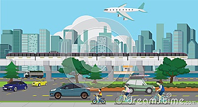 Townscape with transportation various types. Vector Illustration
