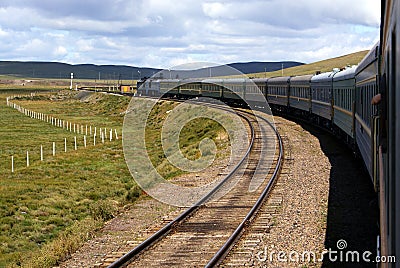 Train on Trans-Siberian Railway in landscape of Mo Stock Photo