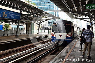 A train arriving at Nana BTS skytrain station. Khlong Toei and Watthana Districts. Bangkok. Thailand Editorial Stock Photo