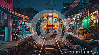 Train arriving at night at a vibrant street station with local market stalls Stock Photo