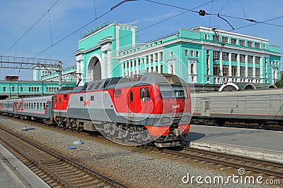 Train arriving on the Novosibirsk station Editorial Stock Photo
