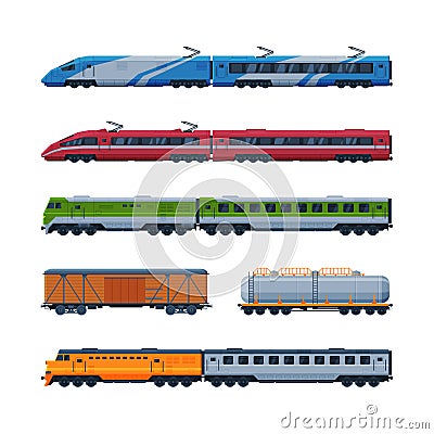 Train as Rail Freight and Passenger Transport Service Vector Set Stock Photo