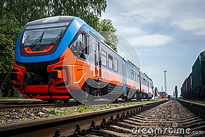 The train is black with orange color at the railway station before departure. Editorial Stock Photo