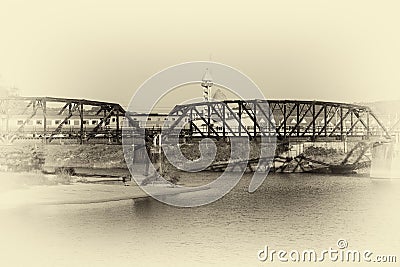 Train on a bridge over river. with image vintage tone Stock Photo