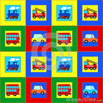 Train, Bus, Car and Fire truck children seamless pattern Vector Illustration