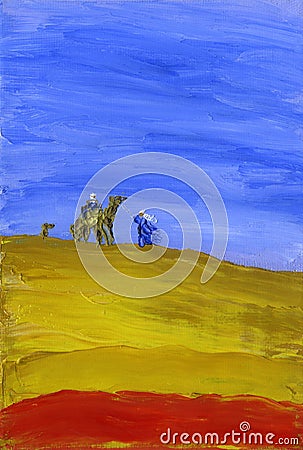 Train of camels goes through the desert. Stock Photo