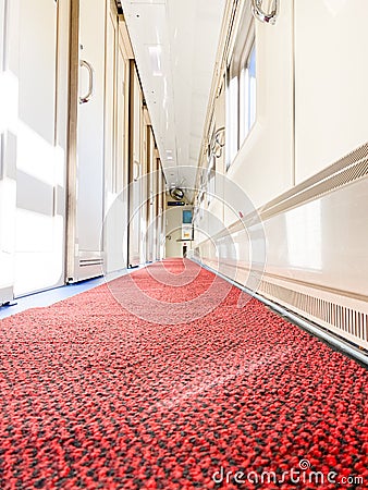 Train car inside, corridor, compartment doors Stock Photo