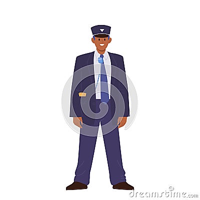 Train conductor cartoon character providing professional service for passenger in public transport Vector Illustration