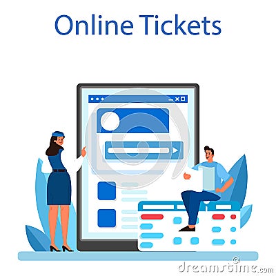 Train conductor online service or platform. Railway worker in uniform Vector Illustration