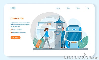 Train conductor web banner or landing page. Railway worker Vector Illustration