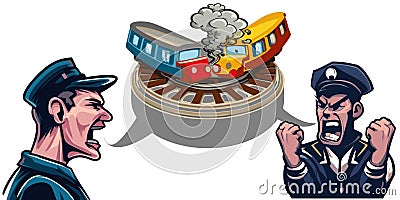 Train crash operators quarrel speech bubble vector graphics illustration Cartoon Illustration