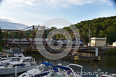 Train Crossing Swing Bridge Editorial Stock Photo