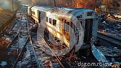 Train destroyed by fire after crash Stock Photo