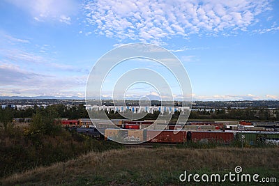 Train dock, olympic mountains and Mount Rainier Editorial Stock Photo