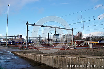 Train emplacement at the binckhorst in Den Haag in the Netherlands with several trains Editorial Stock Photo