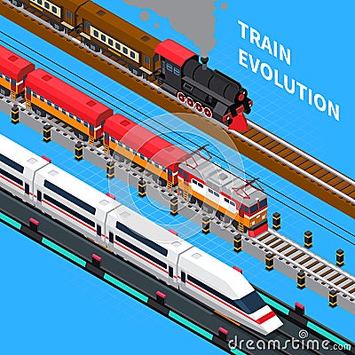 Train Evolution Isometric Composition Vector Illustration