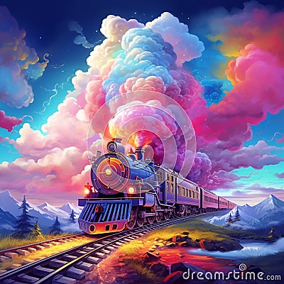 Train Fantasia: A Surreal Illustration of a Colorful Train Amidst Floating Clouds Cartoon Illustration