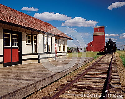 Train and Grain Elevator Stock Photo