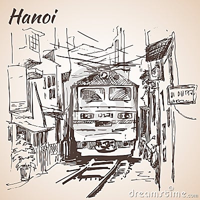 Train at Hanoi narrow street. Sketch Vector Illustration