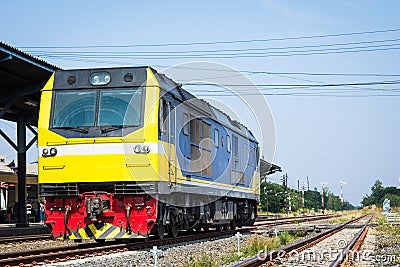 Train head on the rails of train station Stock Photo