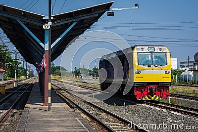 Train head on the rails of train station Stock Photo