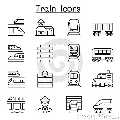 Train icons set in thin line style Vector Illustration