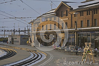 Train of Jungfrau Bahn at Kleine Scheidegg station Editorial Stock Photo