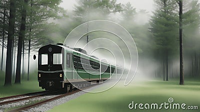 Train in a foggy forest Stock Photo