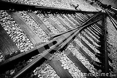 train lines converging to infinity on a diagonal plane Editorial Stock Photo