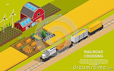 A train loaded with grain and bales of hay crossing Vector Illustration