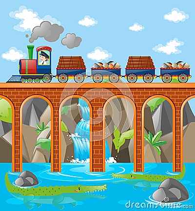 Train loaded with rocks and woods over the bridge Vector Illustration