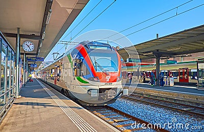 The train on the Lugano Railway Station, on March 27 in Lugano, Switzerland Editorial Stock Photo